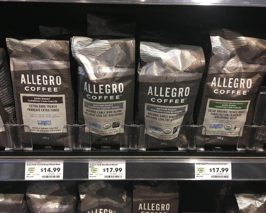 Packaged bags of Allegro coffee